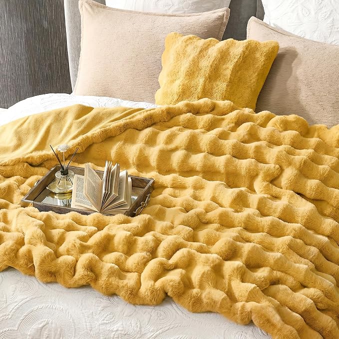Cozy Bliss Faux Fur Throw Blanket for Couch, Fuzzy Soft Plush Thick Bubble Blanket for Sofa Bedroom Living Room, 50 * 60 Inches Yellow