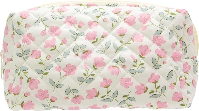 PAZIMIIK Small Quilted Makeup Bag,Zipper Cosmetic Pouch,Floral Pink | Lightweight Cosmetic Bag Organizer for Women,Purse Storage Holds Makeup,Toiletries,Skincare,Beauty Essentials,Travel Items