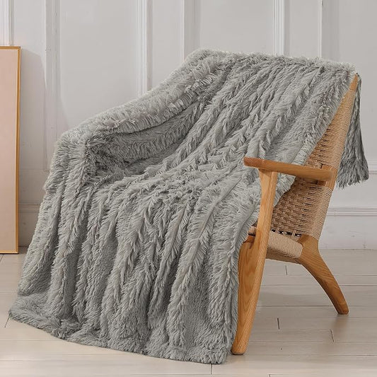 Decorative Extra Soft Fuzzy Faux Fur Throw Blanket 50" x 60",Solid Reversible Long Hair Shaggy Blanket,Fluffy Cozy Plush Comfy Microfiber Fleece Blankets for Couch Sofa Bedroom,Quiet Grey