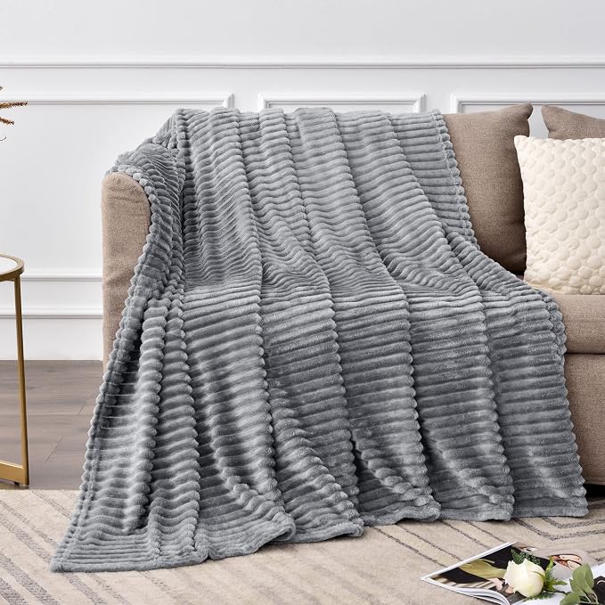 BEDELITE 3D Ribbed Jacquard Grey Fleece Twin Blanket for Bed, 60x80 Inch | Soft Warm Decorative Fluffy Blanket, Cozy Plush Lightweight Fuzzy Throw Blanket for Couch Sofa Room Decor, Gift for Women