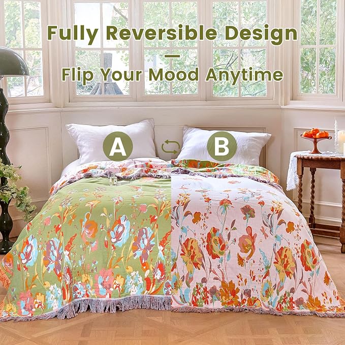 MSGKV Boho Throw Blanket 90"x108" 100% Cotton Flower Butterfly Blanket King | King Size Cotton Throw, Flower Butterfly Design, Reversible Woven, Summer Breathable, Farmhouse Home Decor, Machine Washable