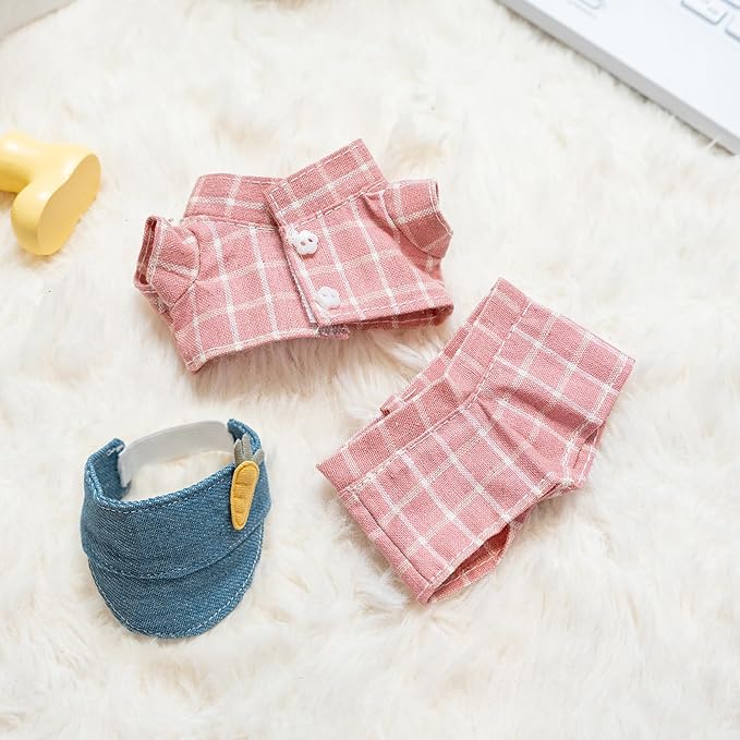 Clothes for Labubu Doll,6.7 Inch Doll Clothing Set - 3 Pieces of Handmade Clothes and Accessories for 17cm Plush Toys - Pink Plaid Shirt + Shorts + Carrot Baseball Cap