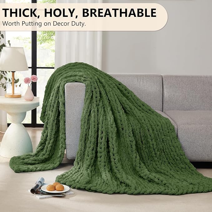 L'AGRATY Chunky Knit Throw Blanket for Couch, 50 x 60 Inches, Moss Green | Handmade Chenille Crochet Blanket for Sofa Bed, Thick Cable Knitted Blankets for Room Home Decor, Birthday Gift for Women Mom