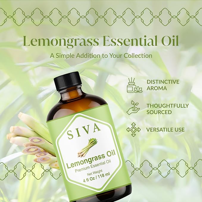 Siva Lemongrass Essential Oil 4 Fl Oz – for Diffuser, Skin & Hair Care – Ideal for Massage & DIY Blends- with Dropper