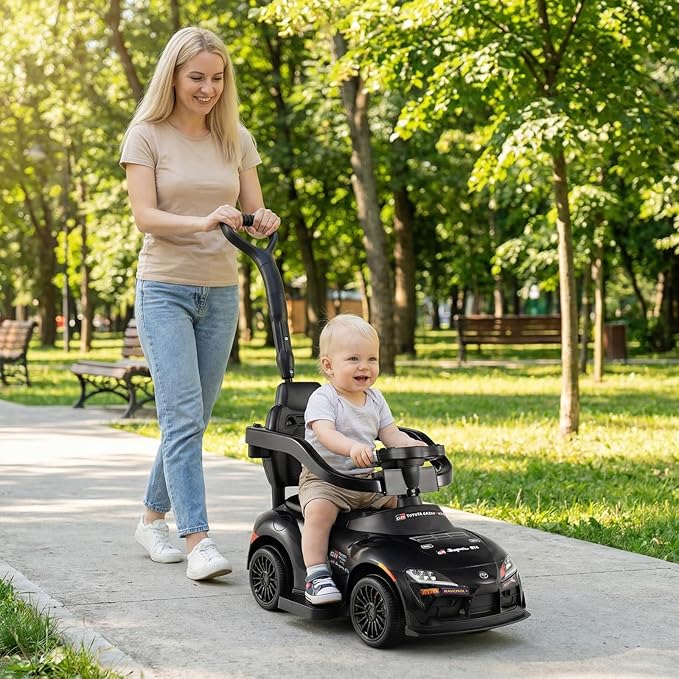Costzon Push Car for Toddlers, 3 in 1 Toyota Licensed Stroller Sliding Walking Car w/Handle, Music, Safety Guardrail, Under-Seat Storage, Foot-to-Floor Kids Ride On Toys for Boys Girls (Black)