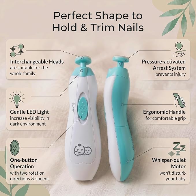 Royal Angels Upgraded 21 in 1 Baby Nail Trimmer with Labeled Case, 13 Extra Replacement Pads, Safe Electric Baby Nail File Kit for Newborn & Toddler, Whisper Quiet Nail Clipper with LED Light (Green)