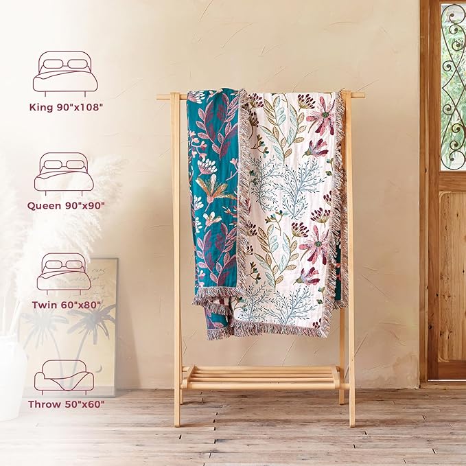 LUTBM Boho Throw Blanket for Couch 50"x60", Cotton Decorative Bed Throw | Reversible Floral Jacquard, All-Season Muslin Blanket, For Chair Sofa Bedroom Living Room Decor, Lightweight Breathable Gauze