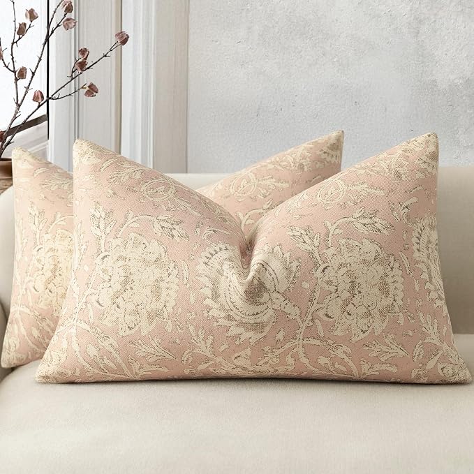 Vintage Floral Print Throw Pillow Covers 12x20 Set of 2 Neutral Modern Farmhouse Pillowcases Accent Decorative Cushion Covers Boho Home Decor for Couch Sofa Chair Bed Living Room, Champagne Pink