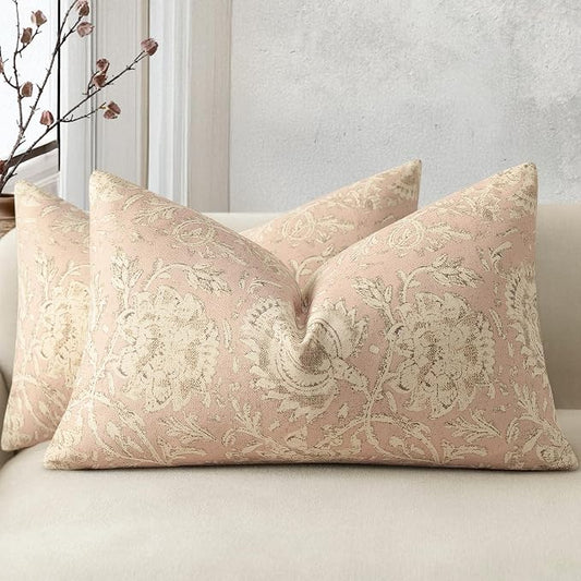 Vintage Floral Print Throw Pillow Covers 12x20 Set of 2 Neutral Modern Farmhouse Pillowcases Accent Decorative Cushion Covers Boho Home Decor for Couch Sofa Chair Bed Living Room, Champagne Pink