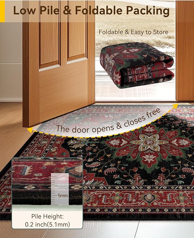 RELEANY Area Rugs Runner 2'x5' Washable Non-Slip, Floral Vintage Distress Medallion Carpet for Kitchen Hallway Bedroom Beside Laundry Room Bathroom, Red Black