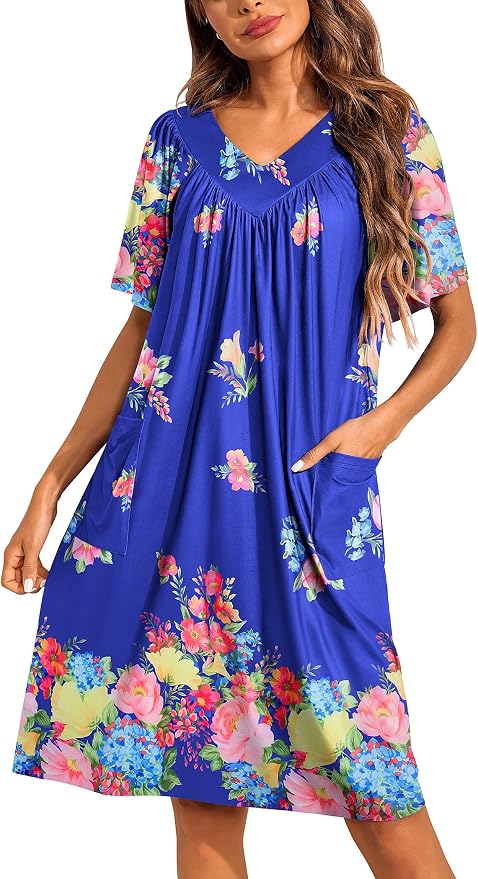 Ekouaer Womens House Dress Floral Print Nightgown with Pockets Mumu Dress