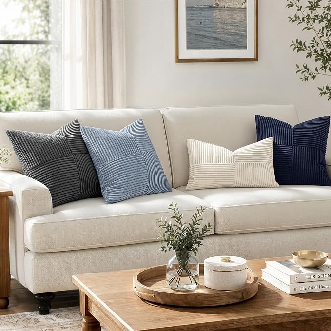 MIULEE Dusty Blue Decorative Throw Pillow Covers for Couch 18x18 Inch | 2 Pack, Boho Farmhouse Pillow Covers, Soft Cross Corduroy Patchwork Textured Cushion Cases For Bed Sofa