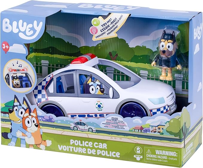 Bluey Police Car, Vehicle from The Special Episode The Sign. Includes Police Car with Flashing Lights & Sounds, Policeman Figure, and Themed Sticker Set. Batteries Included.