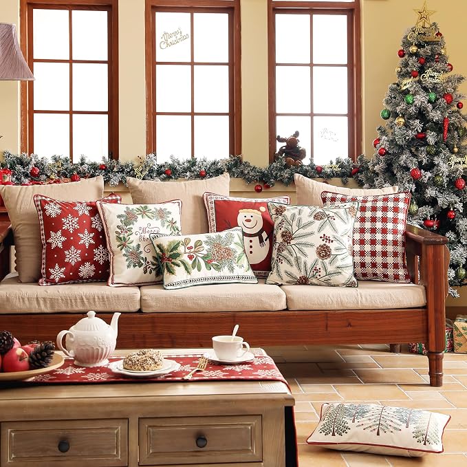 French Chrismas Velvet Throw Pillow Cover,Set of 2,18"x18"-Carol C | Vintage Square Pillow Cover,Concealed Zipper Design,Pinecones Pattern,Sofas,Bedroom,Living Room,Lounge Chairs,Decor
