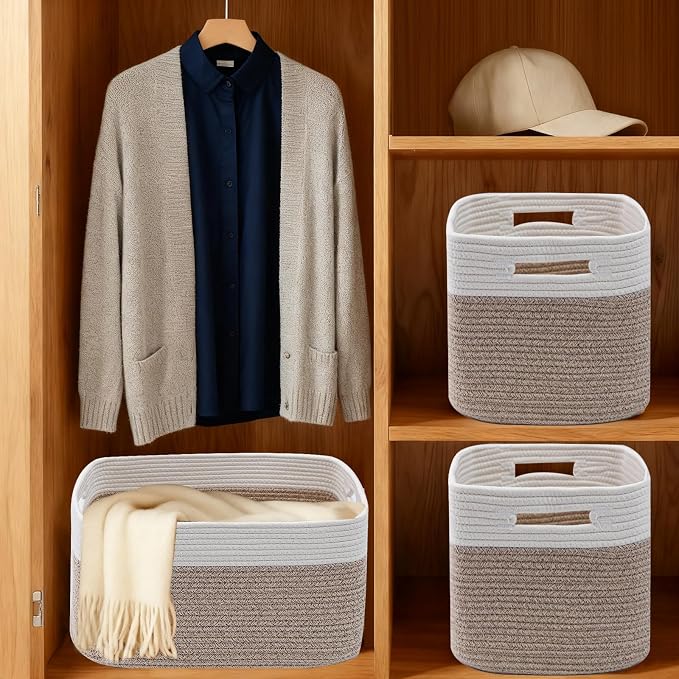 3 Pack Woven Baskets,Storage Baskets for Shelves with Handles | 13.5"×11"×9.5" Closet Baskets, Nursery Organizer for Toys Towels Books, Storage Bin for Living Room Bedroom (White&Brown)