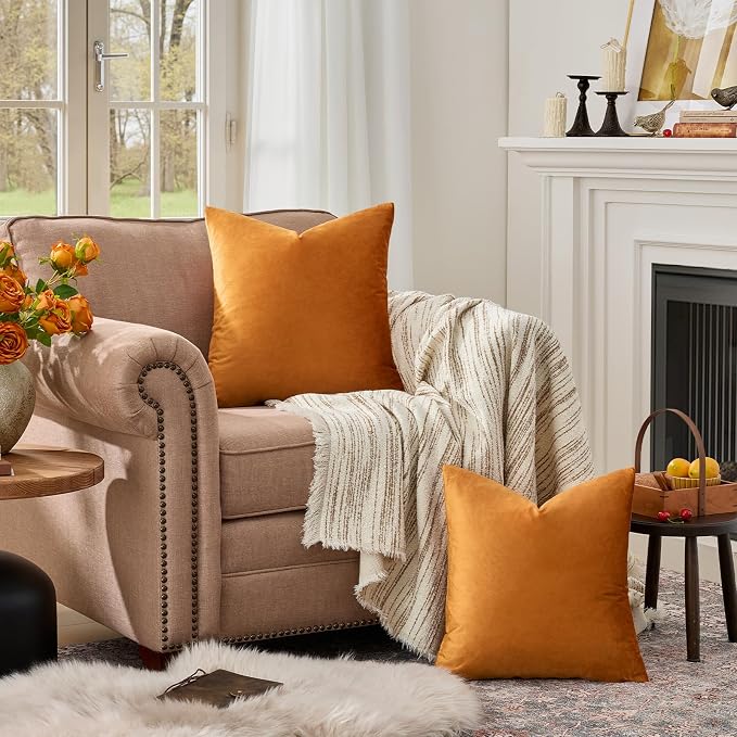 GIGIZAZA Orange Velvet Pillow Covers 16x16 Decorative Pillows Pack of 2 | Throw Pillows for Couch Sofa,280gsm Soft Textured Fabric,Modern Square Pillowcases,Luxury Cushion Covers