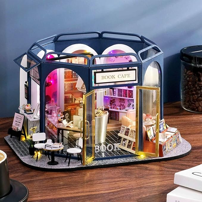 TuKIIE DIY Miniature Dollhouse Furniture Kit, 1:24 Scale Creative Room Wooden Doll House Accessories Plus Dust Proof for Kids Teens Adults(Book Cafe)