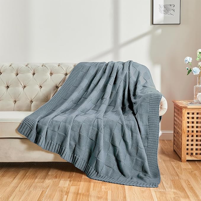 CozeCube Dusty Blue Knitted Checkered Throw Blanket 50"X60" | Check Knit Throw for Couch, Decorative Christmas Soft Cozy Warm Blanket for Bed Sofa Living Room