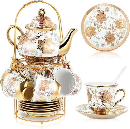 Zhehao 20 Pcs Porcelain Tea Set with Metal Holder and Spoon Adult Ceramic Tea Set European Flower Painting Teapot Cup Saucer Spoon for Women Mom Gift, Large Version (Elegant Style)