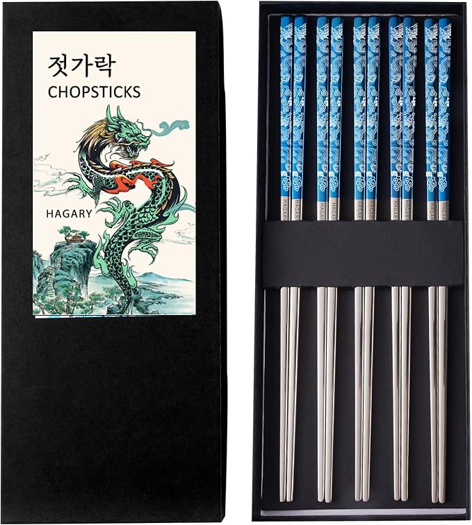 Hagary Dragon Chopsticks Metal Reusable Designed In Korea Japanese Style Stainless Steel 316 18/10 Non-Slip Dishwasher Safe Laser Etched (Blue - 5 Pairs)