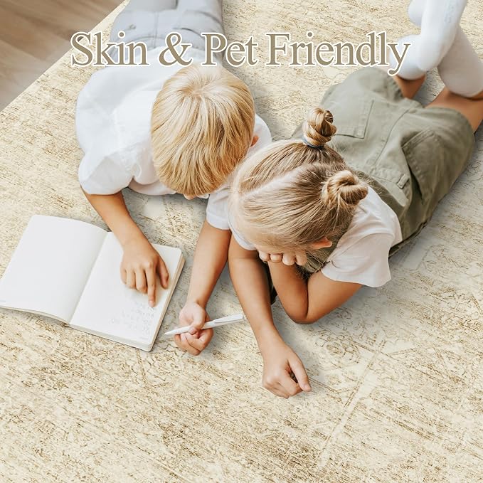 Soalmost 6x9 Area Rug for Living Room Washable Non-Slip Rugs Beige/Ivory | Low-Pile Vintage Carpet for Dining Bedroom, Foldable Thin Stain Resistant Floor Mat Under Table Home Office Nursery Decor