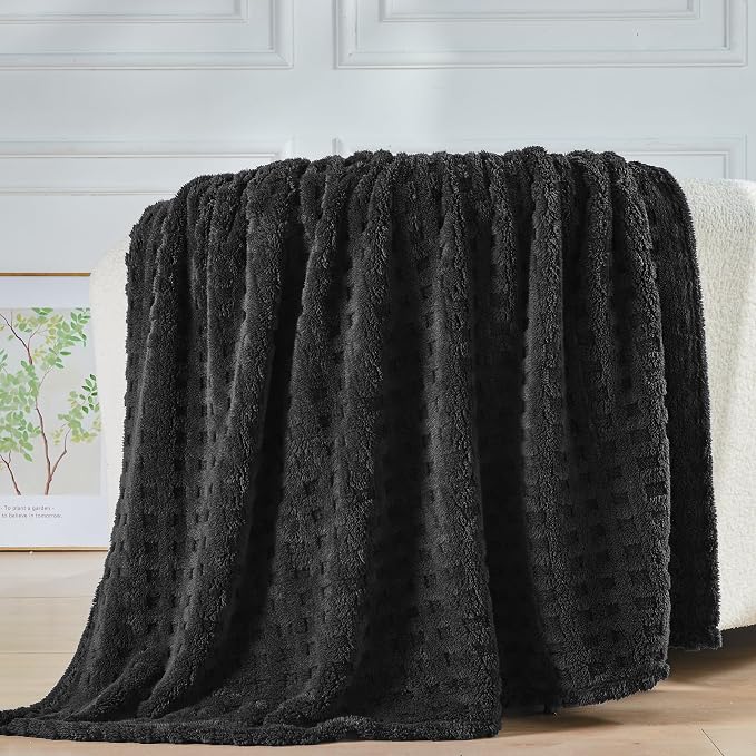 NEWCOSPLAY 3D Waffle Checkered Flannel Twin Blanket, Black, 60"x80" | Super Soft Cute Lightweight Decorative Premium Silky Fleece Blanket for Couch Sofa Bed, Gift for Women Men, All Season Use