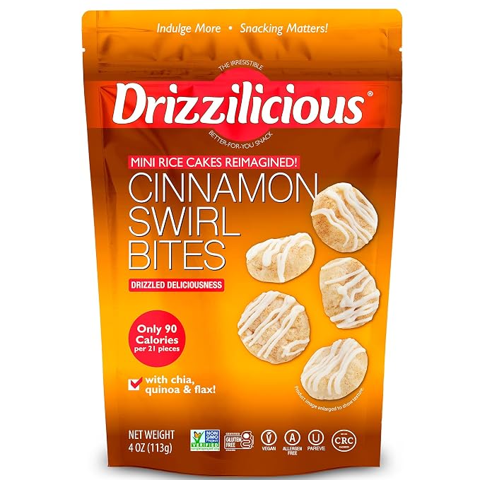 Drizzilicious Mini Flavored Rice Cakes Cinnamon Swirl - Rice Crisps, Healthy Snack for Adults and Kids, Vegan, Gluten Free Snack, Allergen Free, Only 90 Calories Per 21 Pieces - 4 oz (Pack of 1)