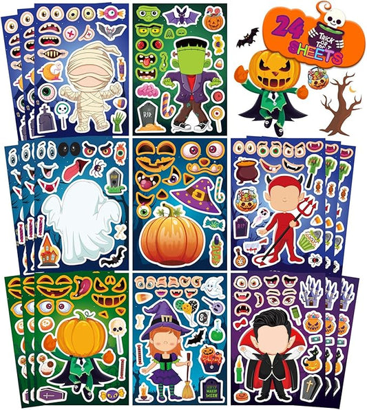 24 Sheets Halloween Stickers - Make Your Own Stickers for Kids, Make a Face Sticker, Halloween Party Favors Crafts Gift