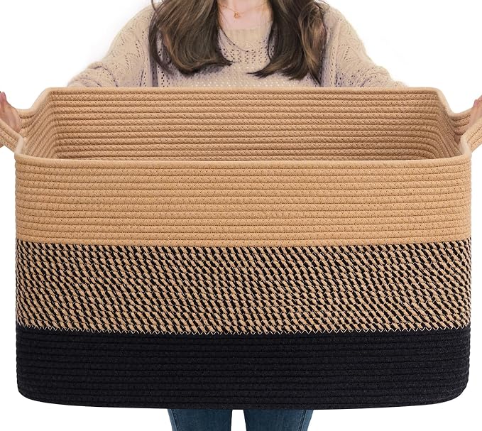 Goodpick 75L Large Woven Blanket Basket, 22" x 17" x 12", Black & Jute | Decorative Storage Basket for Blankets, Pillows & Toys, Living Room & Bedroom Organization, Rectangle, Built-In Handles