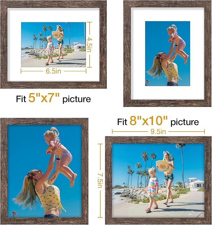 Vittanly 8x10 Picture Frames Set of 9, Wall & Tabletop, Distressed Walnut | Display Pictures 5x7 with Mat or 8x10 without Mat, Small Photo Frames, Engineered Wood with Shatter Resistant Plexiglass