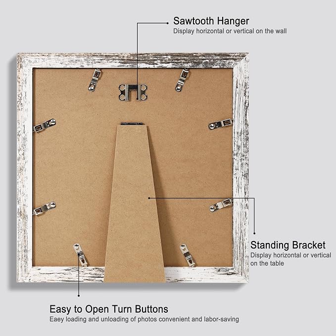 Hongkee 10x10 Picture Frame Set of 4, Made of Glass and Multicolour Wooden Frame, 10 by 10 Photo for Wall or Tabletop - Display Picture 8x8 with Mat or 10x10 Without Mat