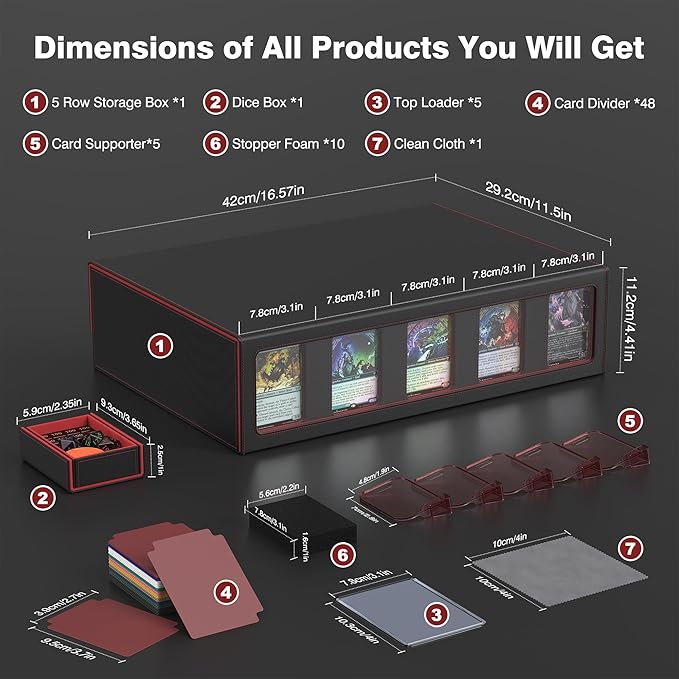 Kabinka MTG Card Storage Box with Handle & Mechanical Latch,5-Row 3900+ Commander Trading Card Case with Sealed Display Window,Top Loaders Organizer Deck Box for MTG/TCG/PTCG/Sports Cards (Black Red)