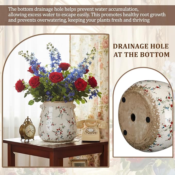 Ceramic Scroll Planter 6.5 Inch Chinoiserie Floral Vase with Drainage Holes Vintage Flower Vase Flower Pot Rustic Ceramic Pots for Indoor Plants Garden Home Bookshelf Decor(Milky)