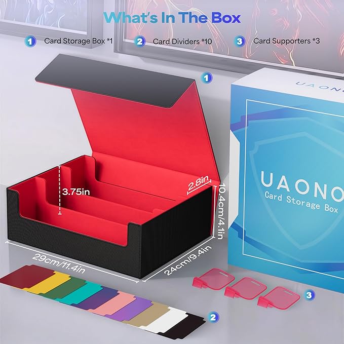 UAONO Trading Card Storage Box, Holds 1800 Sleeved Cards with 10 Dividers & 3 Stoppers, Magnetic Closure PU Leather Card Case for MTG, PTCG, YGO, Sports Cards (Black&red)