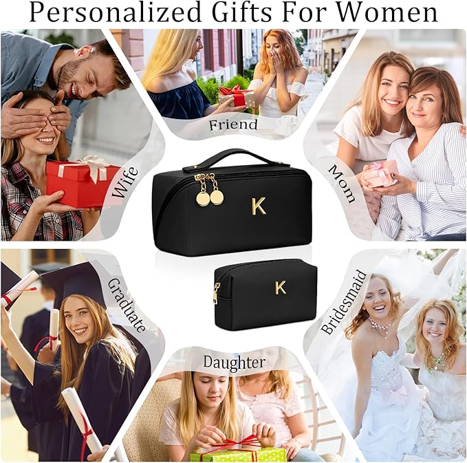 Birthday Gifts for Women Teen Girl, Personalized Initial Makeup Organizer Bag Set, Open Flat Travel Cosmetic Bag With Clear Divider and Handle(Black,K)