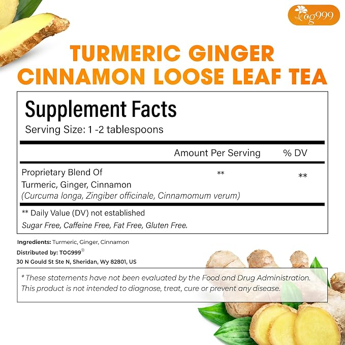TOG999, Premium 20oz Ginger Turmeric Cinnamon Loose Leaf Herbal Tea - Premium Quality Spiced Herbal Blend – Caffeine-Free, Non-GMO, Natural Dried Roots and Bark. Vegan-Friendly.
