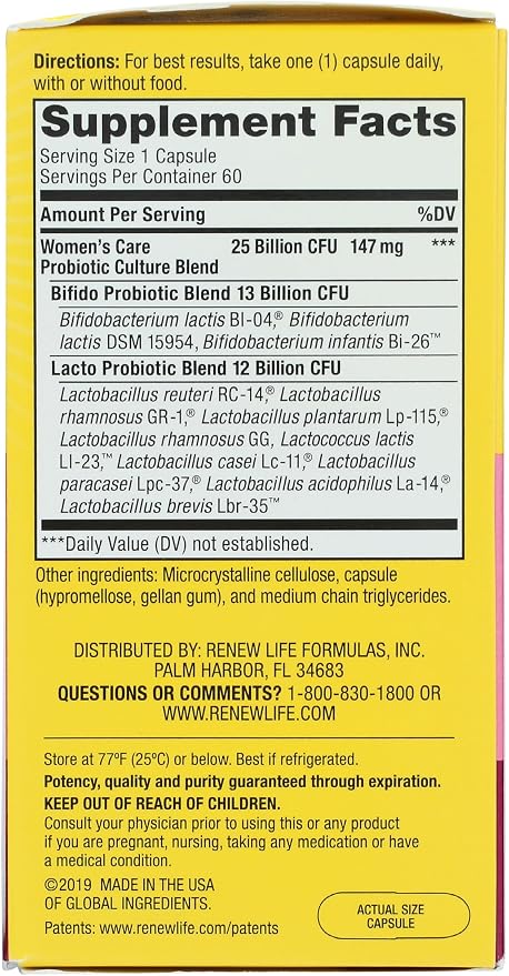 Renew Life Women's Probiotic Capsules, Supports pH Balance for Women, Vaginal, Urinary, Digestive and Immune Health, L. Rhamnosus GG, Dairy, Soy and Gluten-Free, 25 Billion CFU - 60 Ct