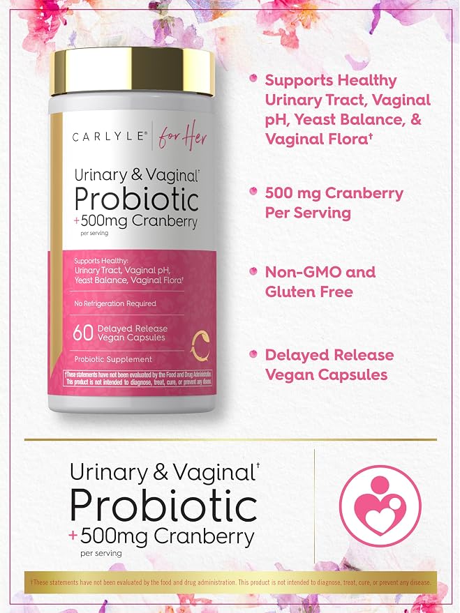 Carlyle Urinary and Vaginal Probiotic for Women | 60 Capsules | with Cranberry for Healthy Urinary Tract, Vaginal pH, Yeast Balance, Vaginal Flora | Vegan, Non-GMO and Gluten Free | For Her