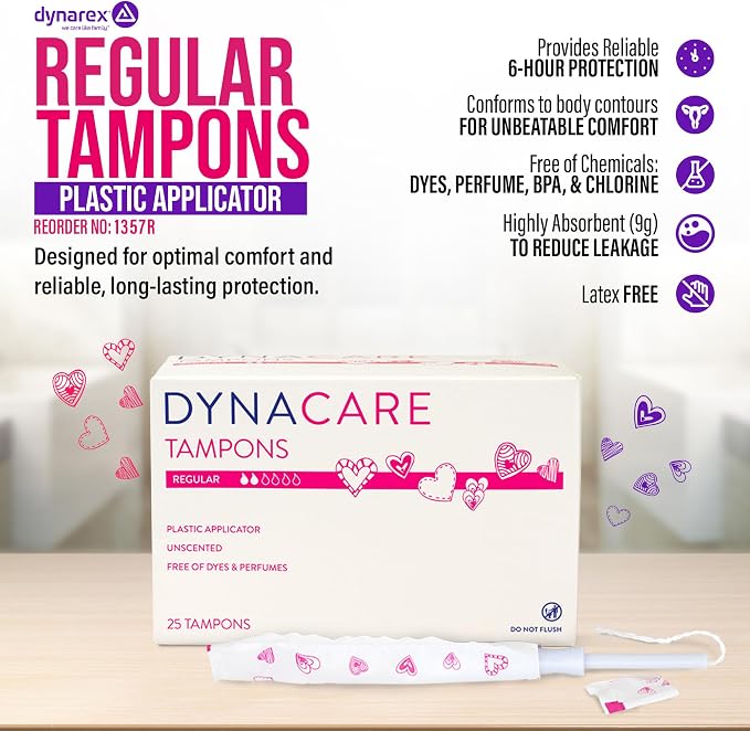 Dynarex Regular Tampons – Bulk Feminine Hygiene Product with Plastic Applicator – 6-Hour Protection – 9 Boxes, 225 Total Tampons