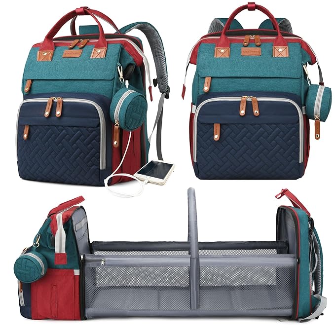 Astro alan Baby Diaper Bags with Changing Station, Waterproof Diaper Bag Backpack for Moms Dads with USB Charging Port, Baby Shower Gifts, Large Capacity diaper backpack, Red-Green-Blue