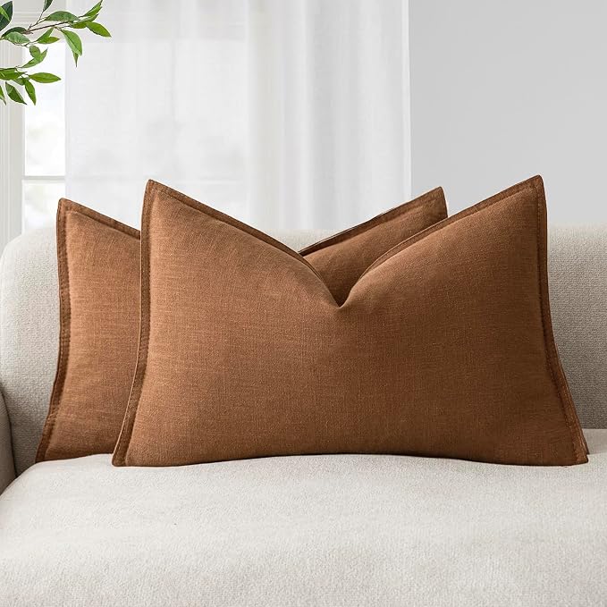 Foindtower Pack of 2, Decorative Linen Solid Throw Pillow Covers Neutral Farmhouse Pillowcase Soft Accent Lumbar Cushion Case for Couch Sofa Bedroom Living Room Home Decor Orange Brown 12 x 20 Inch