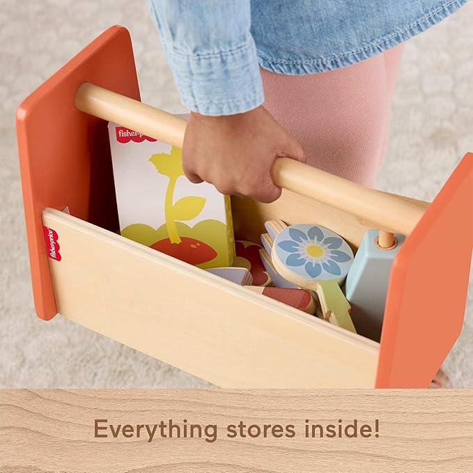 Fisher-Price Wood Pretend Play Toy Tiny Garden Caddy, 12-Piece Set with Wooden Tools & Plants for Preschool Kids Ages 3+ Years