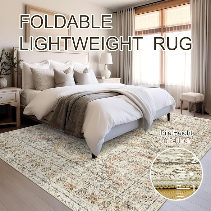 Soalmost 9x12 Area Rugs for Living Room Washable Rug Non-Slip Brown/Pink | Large Vintage Stain Resistant Carpet for Dining Bedroom, Low Pile Lightweight Foldable Floor Mat Nursery Home Office Decor