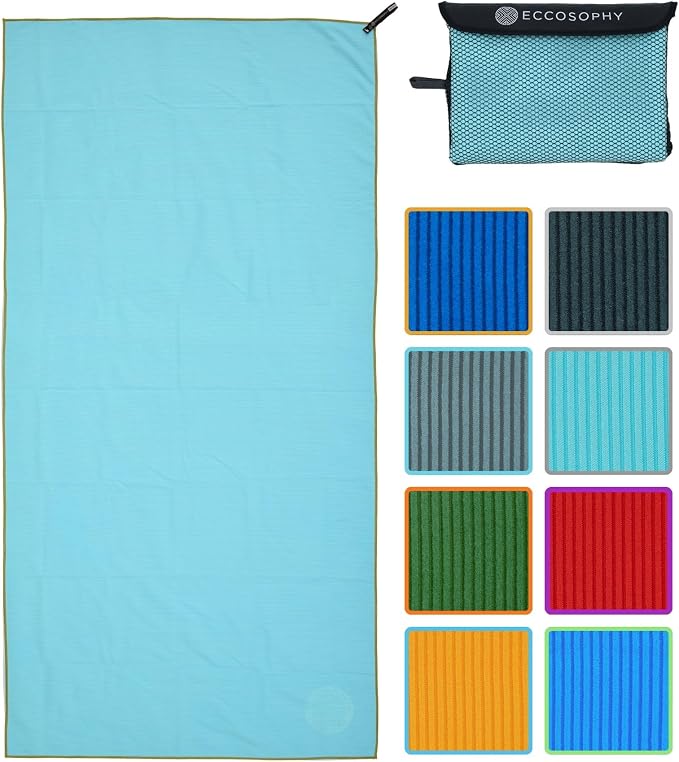 ECCOSOPHY Microfiber Beach Towel – Quick Dry Gym Towel, Highly Absorbent with Ribbed Texture, Lightweight – Ideal for Travel, Pool, Yoga, Fitness & Outdoor Adventures – 40x20 Aqua
