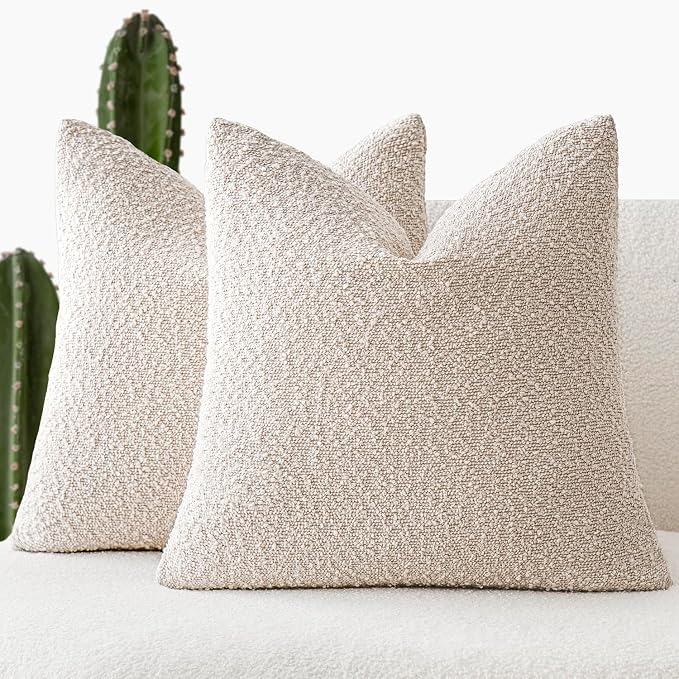Foindtower Pack of 2, 20 x 20 Inch, Decorative Textured Boucle Throw Pillow Covers Accent Solid Pillow Cases Cozy Soft Couch Cushion Case for Chair Sofa Bedroom Living Room Home Decor, Beige