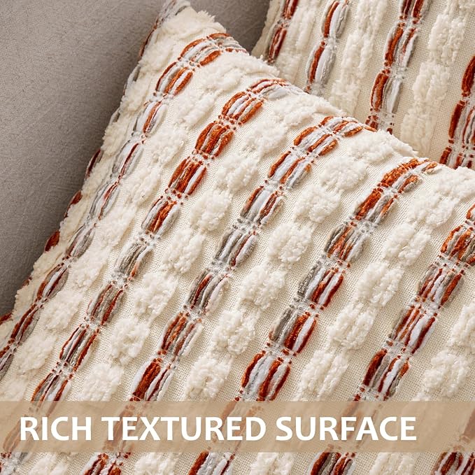 ANRODUO Boho Chenille Decorative Pillow Covers 18x18 Inch Set of 2 Orange | Textured Tufted Stripes Woven Cushion Case, Farmhouse Accent Neutral Pillowcase for Couch Sofa Bed Living, Room Decor