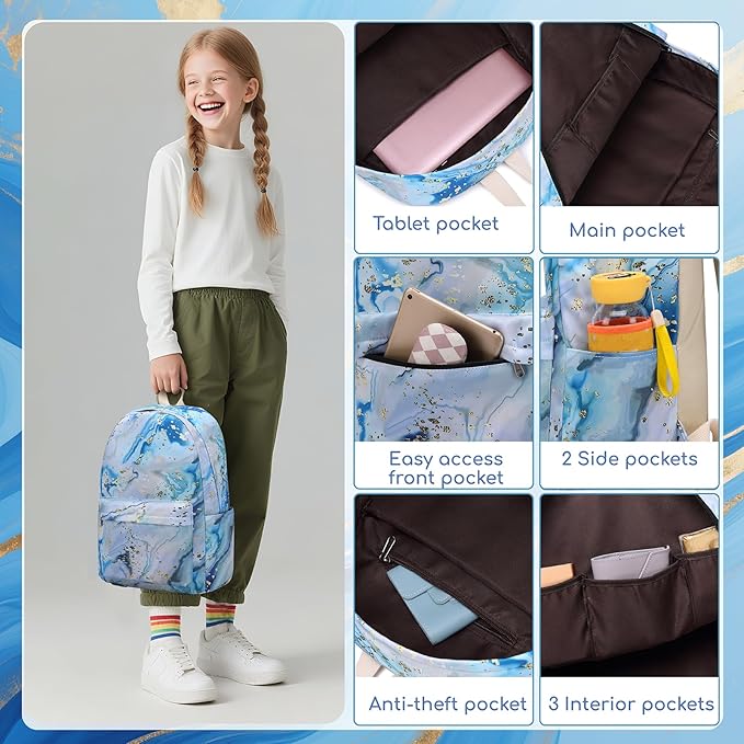 Bluboon Teen Girls School Backpack Kids Bookbag Set with Lunch Box Pencil Case Travel Laptop Backpack Casual Daypacks (Blue-white)