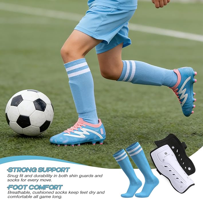 brooman Kids Firm Ground Soccer Cleats Boys Girls Football Shoes with Shin Guards and Soccer Socks
