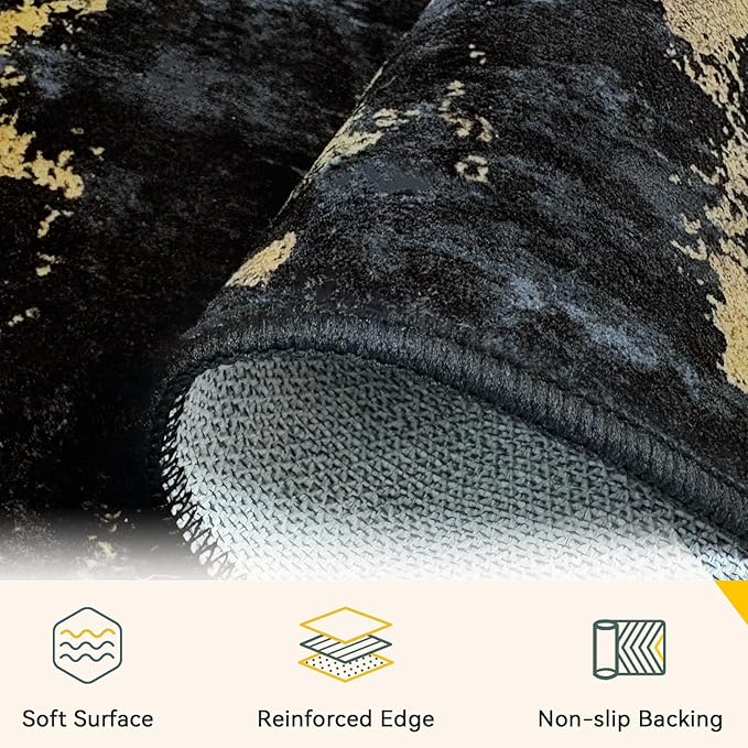 RELEANY Washable Area Rugs 3'x5' Non-Slip Modern Abstract Soft for Living Room Entryway Bedroom Kitchen, Print Pattern, Dark Black Gold