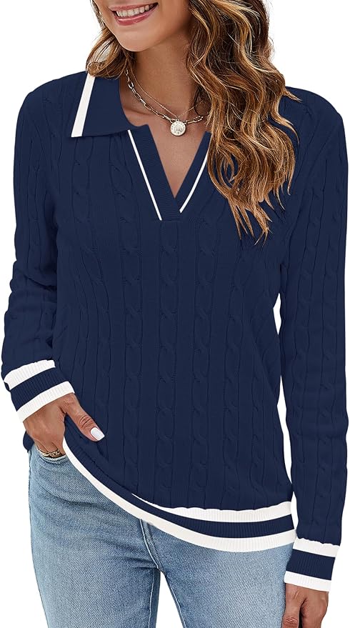 Micoson Womens Fall Long Sleeve Sweaters Lapel V Neck Cable Knitted Pullover Casual Soft Jumper Top